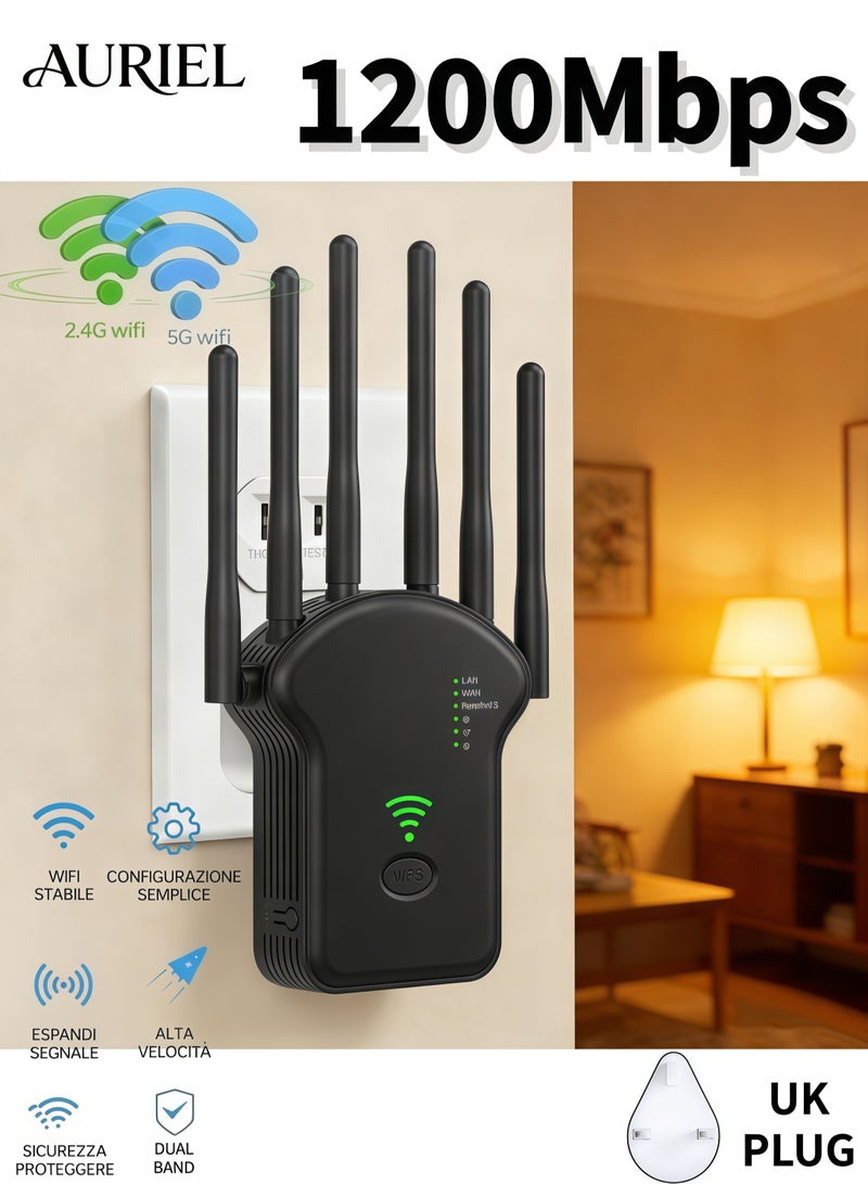 AURIEL 1200Mbps Wireless WiFi Repeater, 5G/2.4G Dual Band Wireless WiFi Range Extender, 6 Antenna Wireless Signal Booster, Internet Router Extender, Ethernet Port, 3 Modes, 360 ° Full Coverage - Black - Image 1